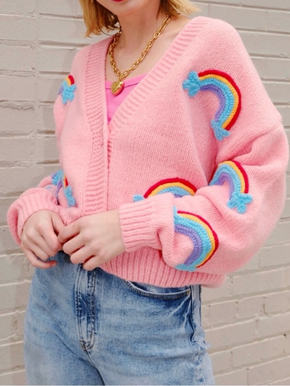 Mure + Grand Follow Your Rainbow Puff Cardigan Sweater in Pink Sz S/M NWOT